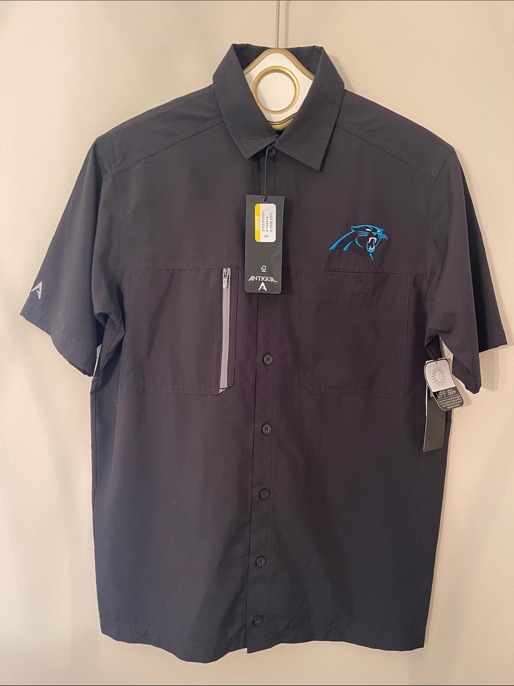 NWT Antigua Men's Carolina Panthers Kickoff Camp Button Down Shirt  Black Small